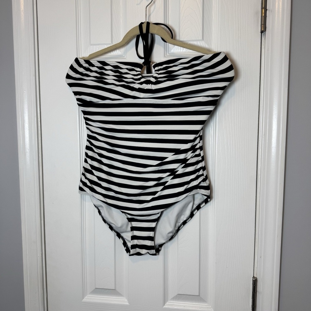 Michael Kors Black White Stripe halter one‎ piece Swimsuit Womens Size 12